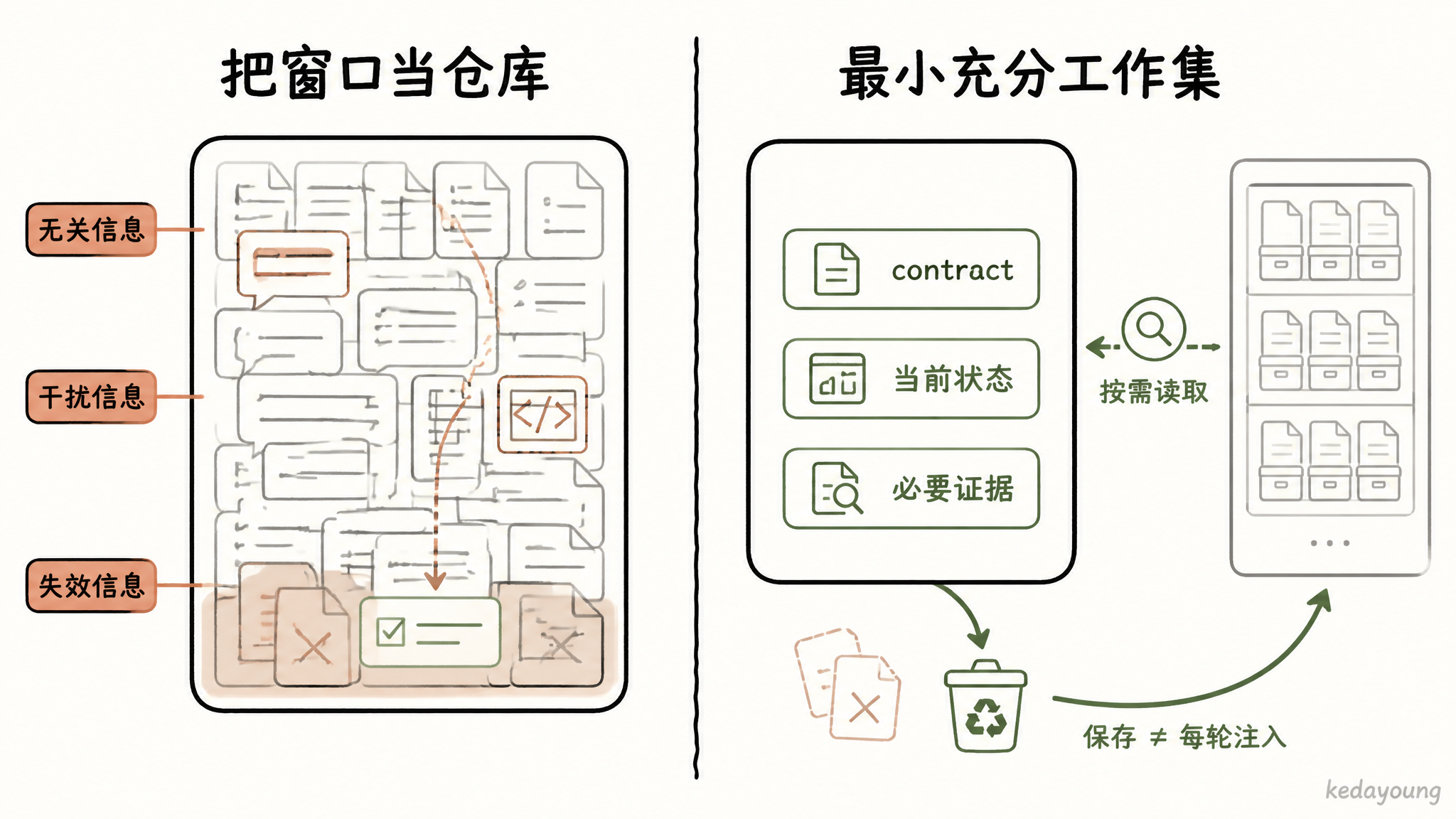 把上下文窗口当仓库与作为最小充分工作集的对比