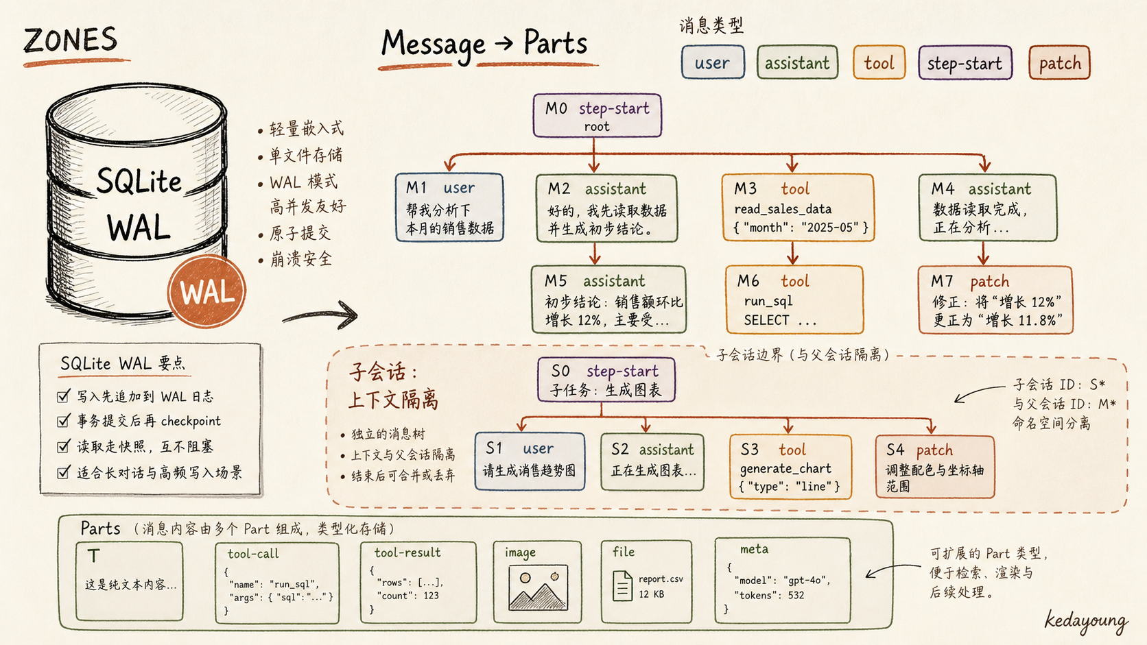 opencode 的 SQLite WAL、类型化 Parts 与子会话树