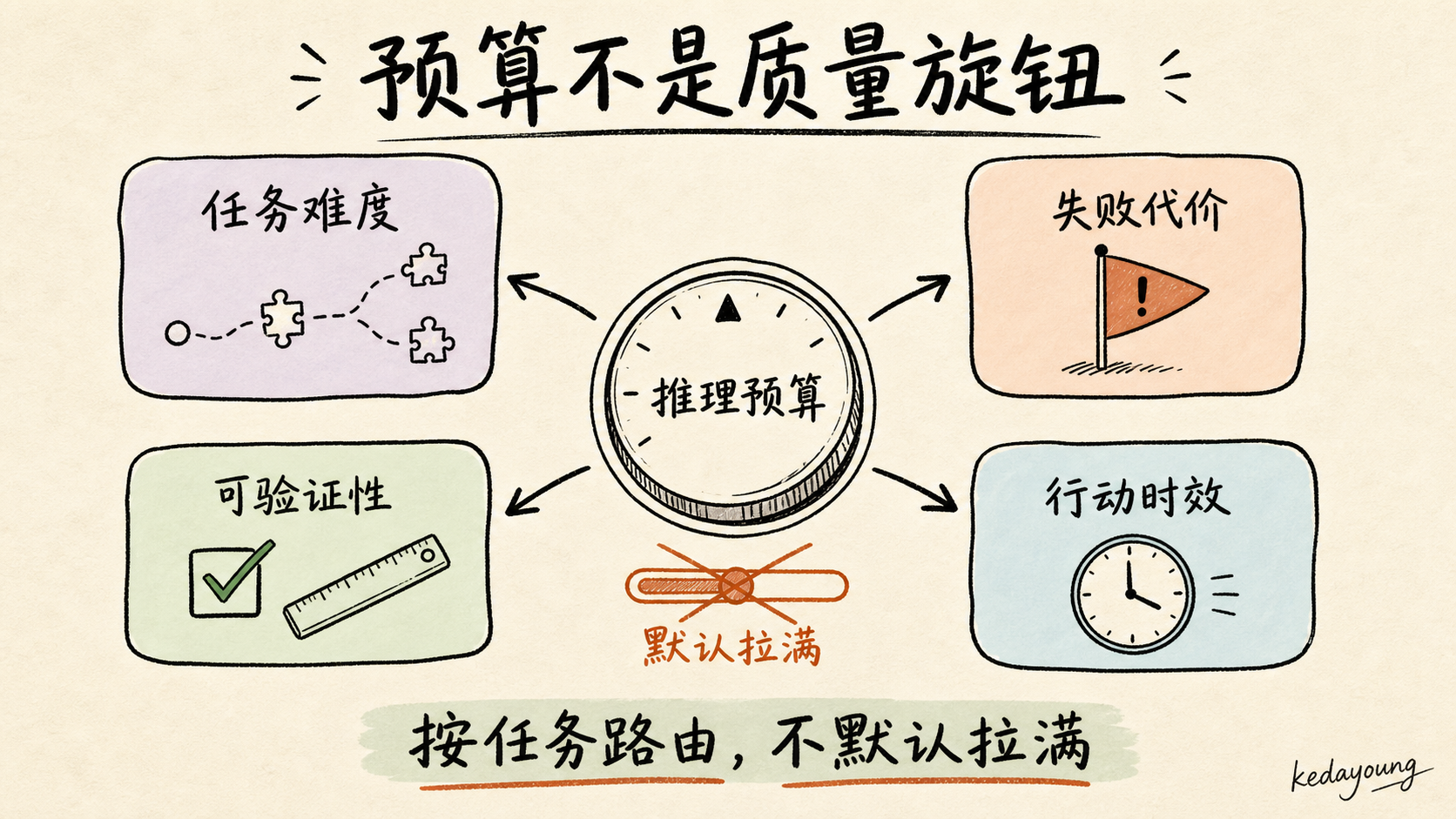 推理预算连接任务难度、失败代价、可验证性和行动时效四项路由输入，而不是单向提升质量。