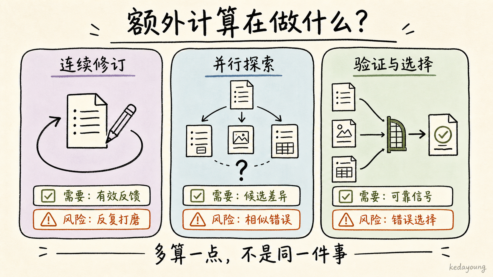 连续修订、并行探索和验证选择分别需要有效反馈、候选差异和可靠验证信号。