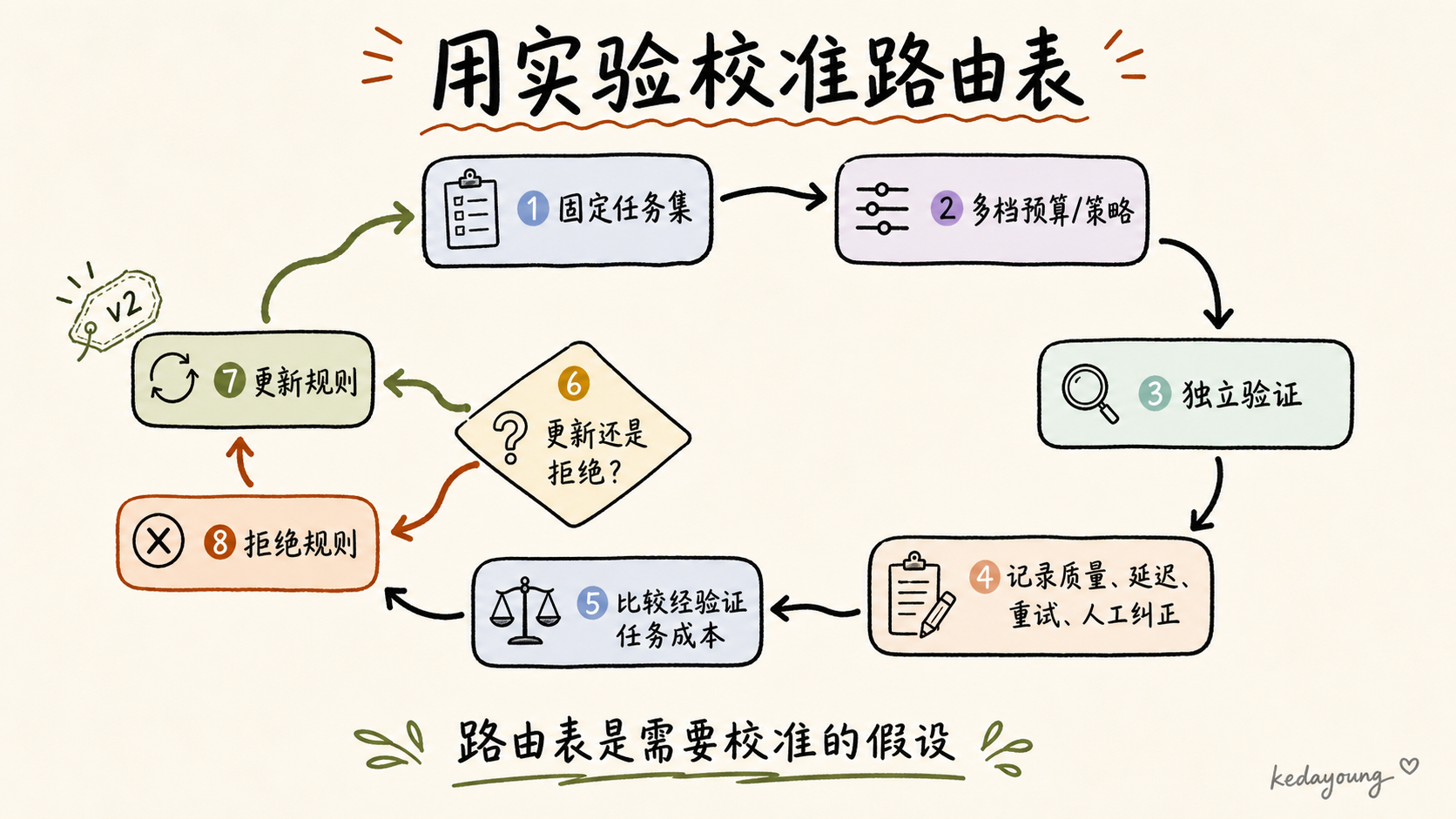 预算策略在固定任务集上经过独立验证和成本比较后，才会更新或被拒绝，并进入下一轮评测。