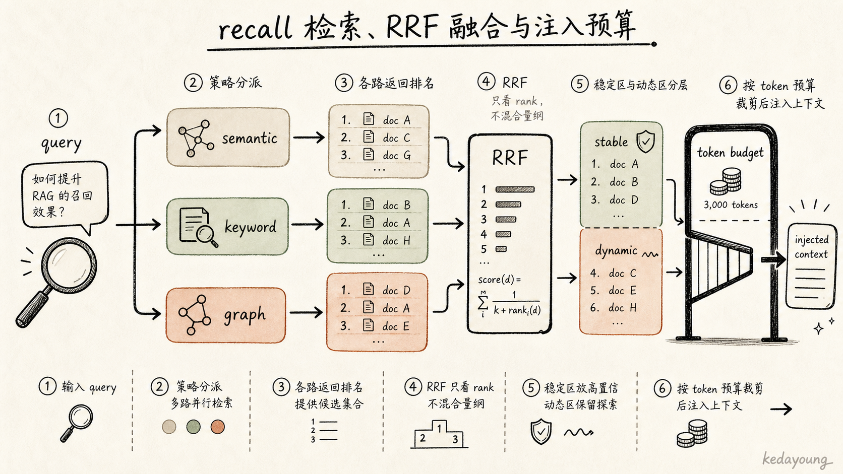 recall 检索、RRF 融合与注入预算