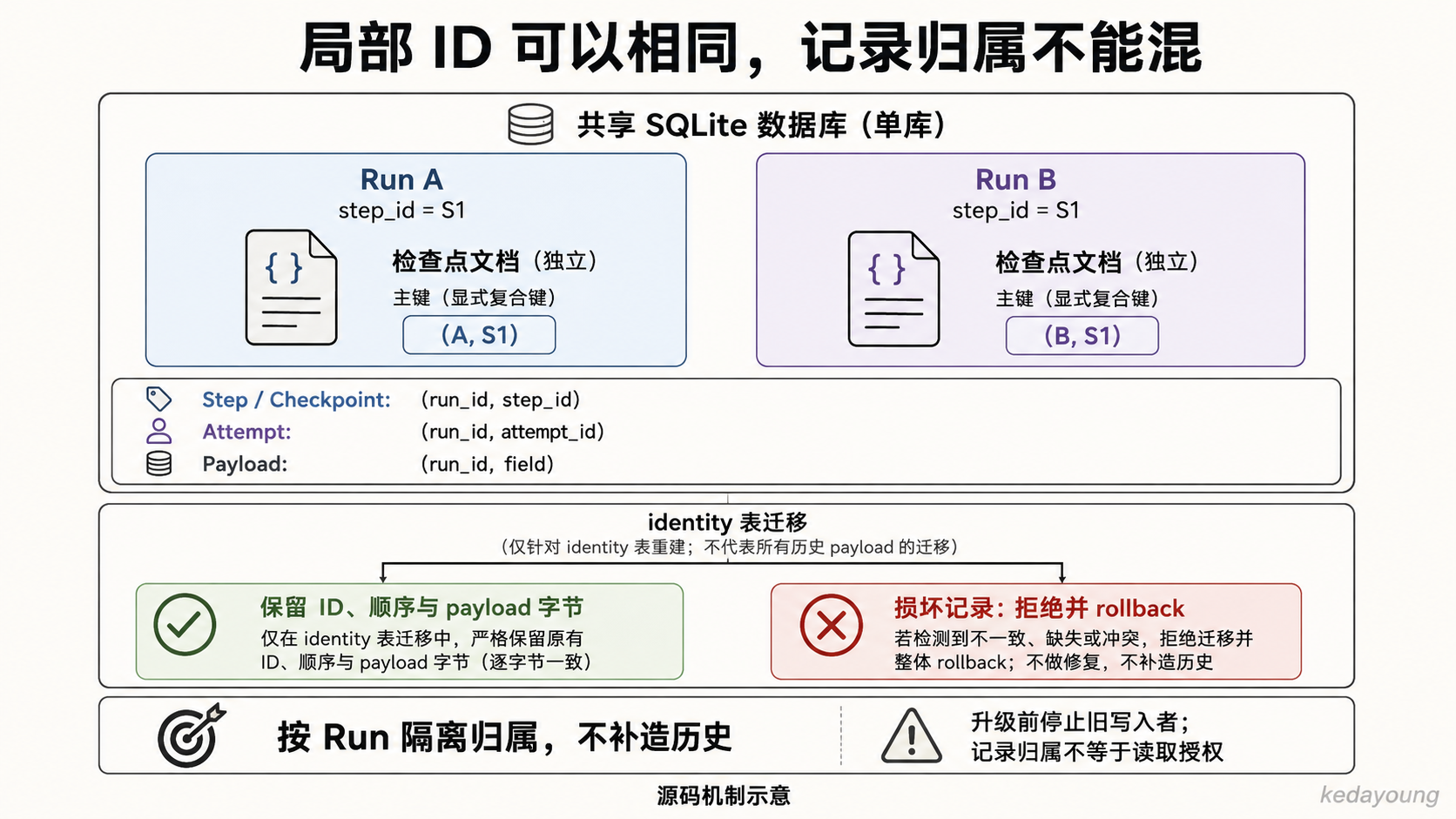 同一 SQLite 数据库中两个 Run 可使用相同局部 step ID，由复合键区分归属；identity 表迁移保留已有记录，损坏时拒绝并回滚